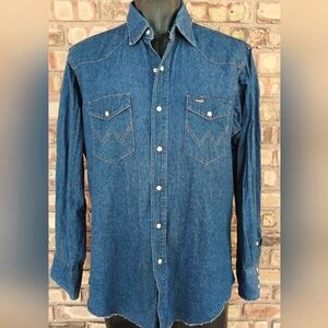 Vintage Wrangler Denim Western Shirt Pearl Snaps Men's 17 L/XL
